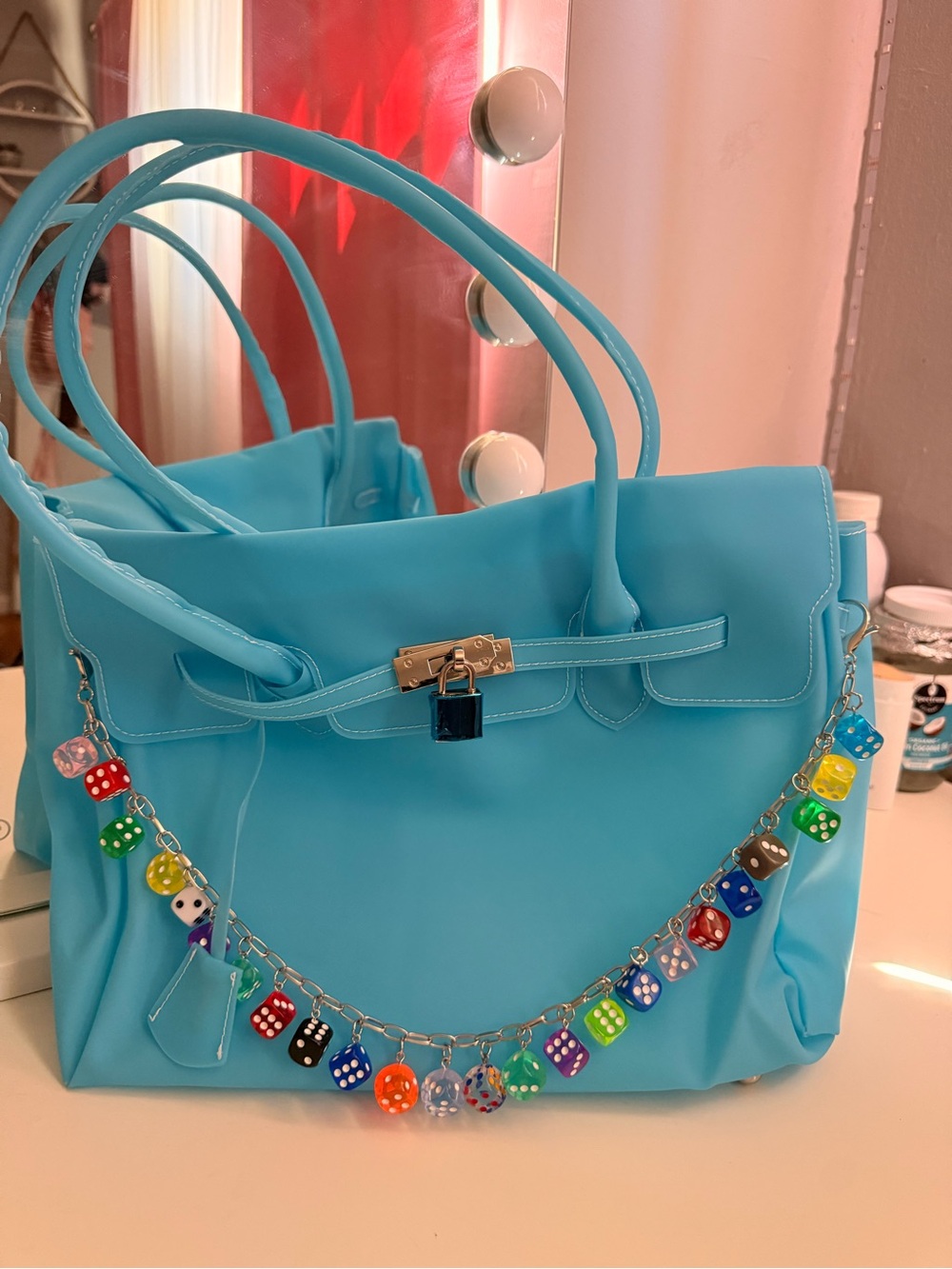Jelly Firkin Aqua Blue Tote Bag with Dice Charm Chain